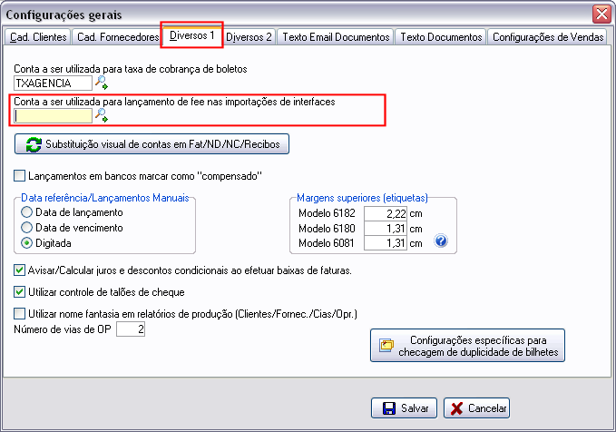 Configuração da conta FEE padrão para uso das interfaces