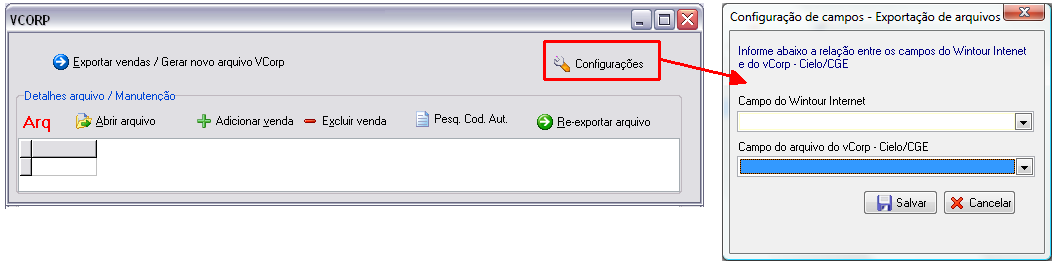 Módulo de configuração de campos adicionais a serem exportados nos arquivos gerados para o VCORP