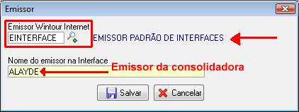 Exemplo de relacionamento de um Emissor do Consolidador (ALAYDE) e o Emissor padrão do Wintour (EINTERFACE)