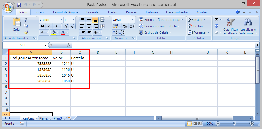 Exemplo de montagem da fatura no Microsoft Excel 2007