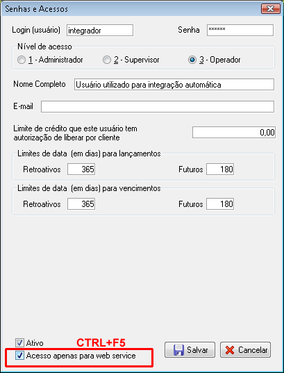 Tela para configuração dgo usuário integrador do Wintour