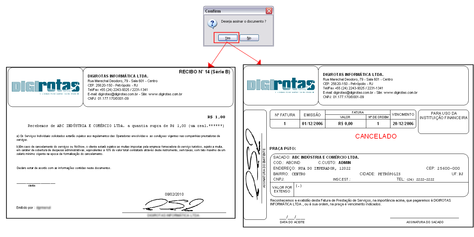 Exemplos dos documentos Recibo série B e Fatura contendo assinatura digitalizada do usuário