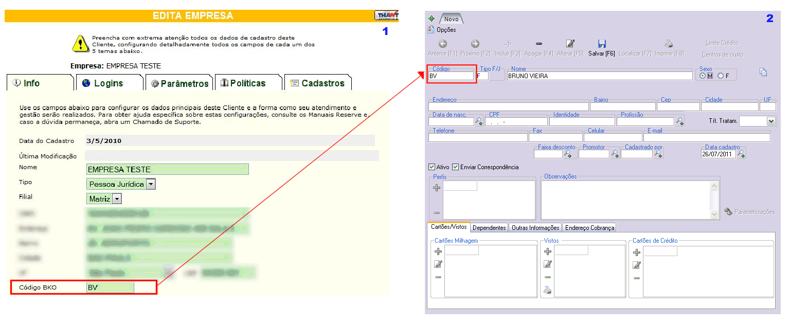Tela de cadastro de cliente na versão 2 do Reserve, destacando o campo BKO (1) e a tela de cadastro de cliente no Wintour destacando o campo código (2)