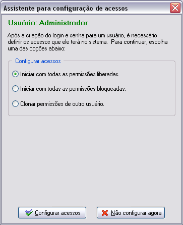 Assitente para configurar acessos do usuário no Wintour