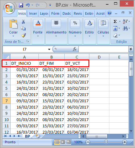 Exemplo de cadastro de um calendário no formato CSV utilizando um editor de planilhas.