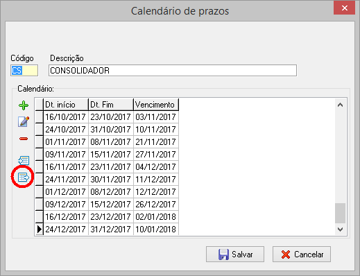 Botão de exportação de calendário de prazos.