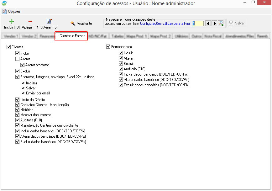 Configuração de acessos de usuários na aba Clientes e Fornecedores