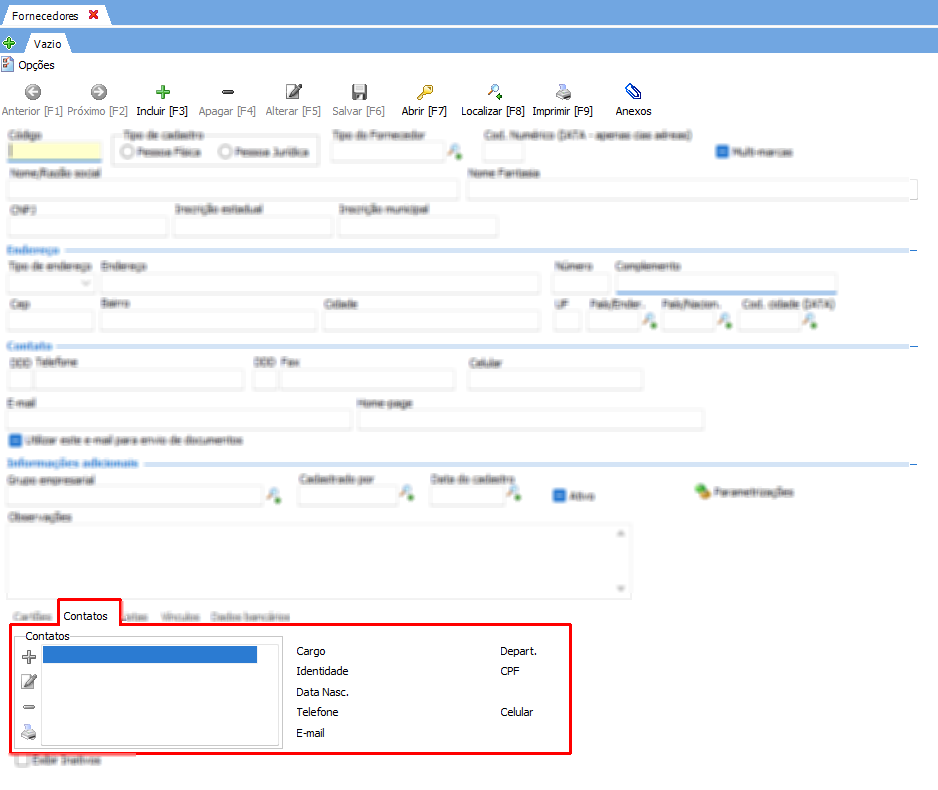 Aba para cadastro de contato de fornecedores