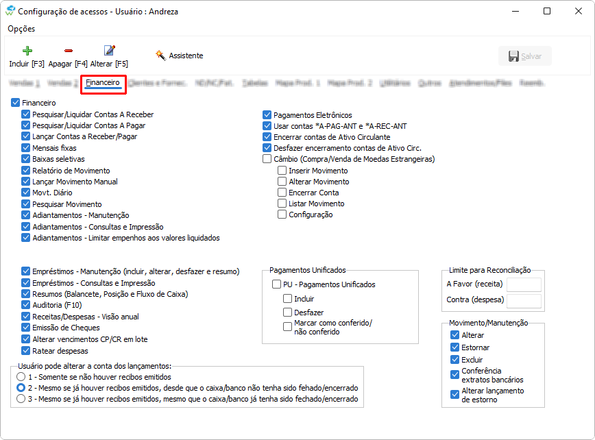 Configuração de acessos de usuários na aba financeiro