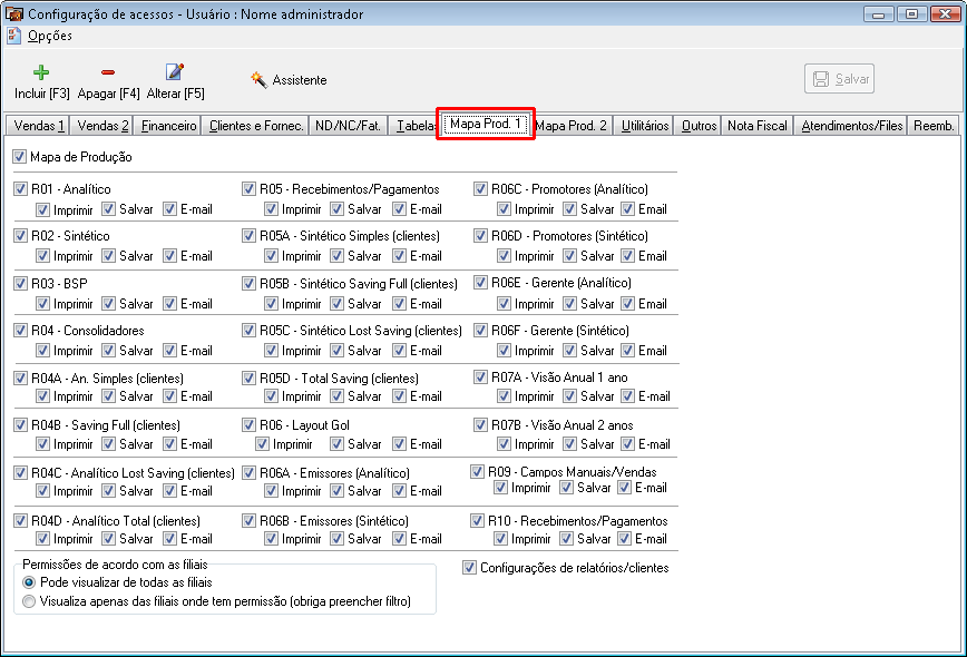 Configuração de acessos de usuários na aba mapa de produção