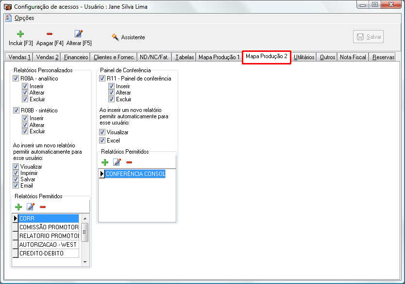 Configuração de acessos de usuários na aba mapa de produção 2