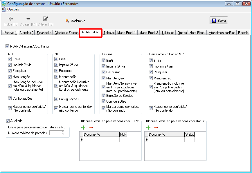 Configuração de acessos de usuários na aba de nota de débito, nota de crédito e fatutra