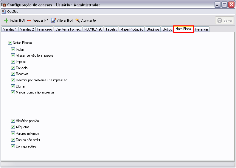 Configuração de acessos de usuários na aba Nota Fiscal
