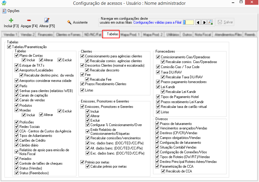 Configuração de acessos de usuários na aba tabelas