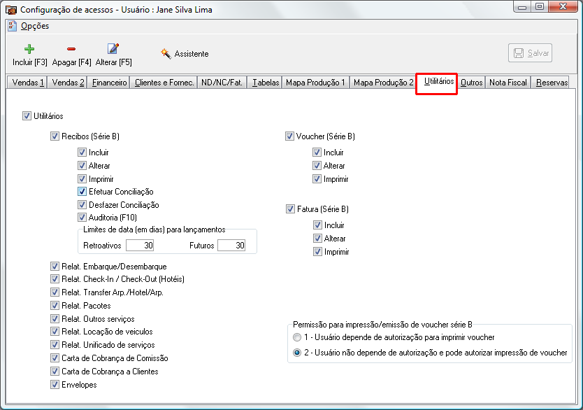 Configuração de acessos de usuários na aba utilitários