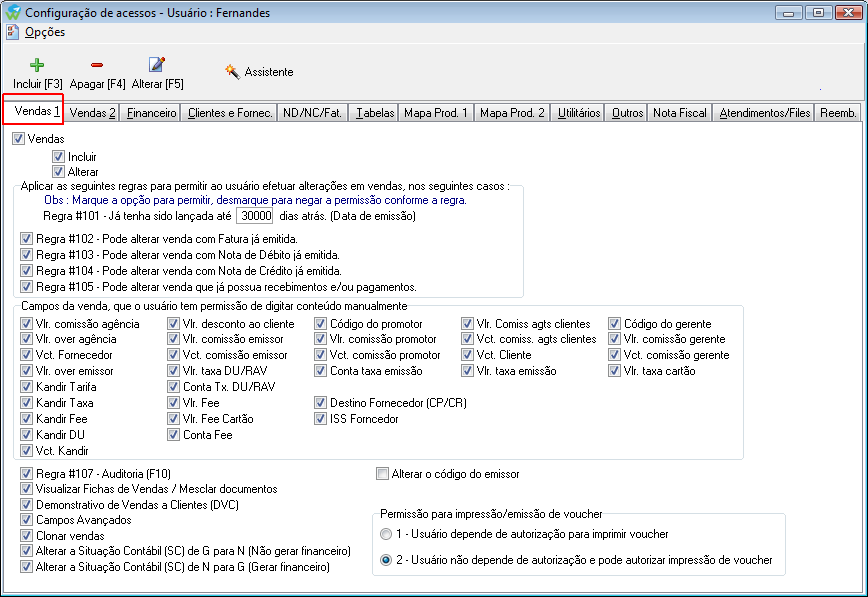 Configuração de acessos de usuários aba vendas 1