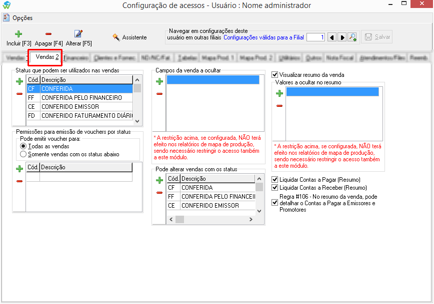 Configuração de acessos de usuários na aba vendas 2