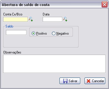 Tela para preenchimento dos campos de abertura de saldo
