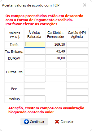 Tela para corrigir os valores de vendas nos campos corretos