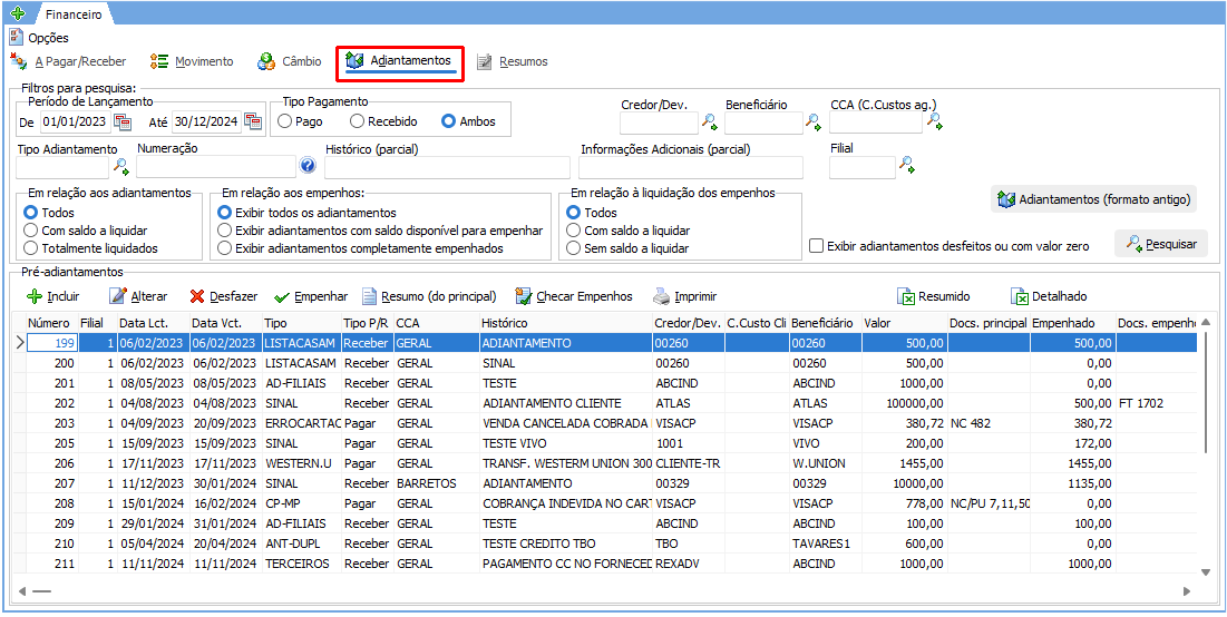 Módulo para gerenciar os adiantamentos recebidos e pagos