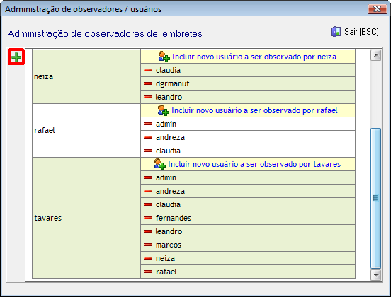 Tela de administração de observadores de lembretes