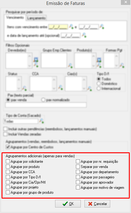 Opções de agrupamentos adicionais das vendas nas faturas