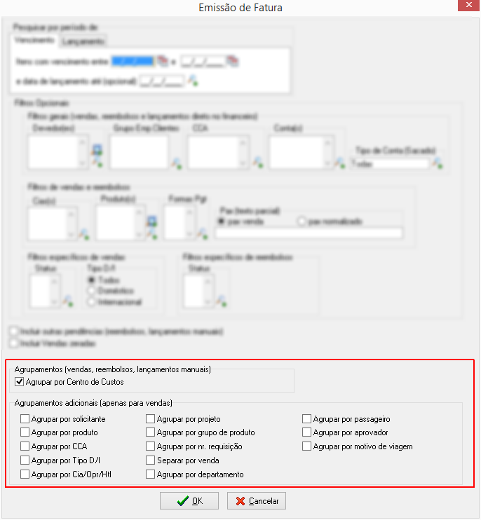 Opções de agrupamentos das vendas nas faturas