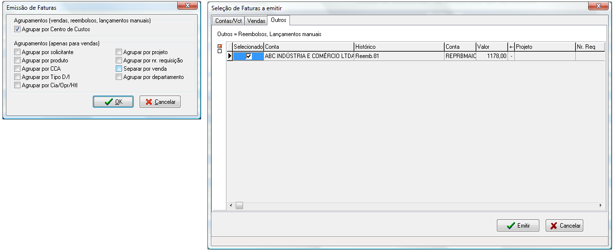 Agrupamentos e tela de seleção de faturas a emitir