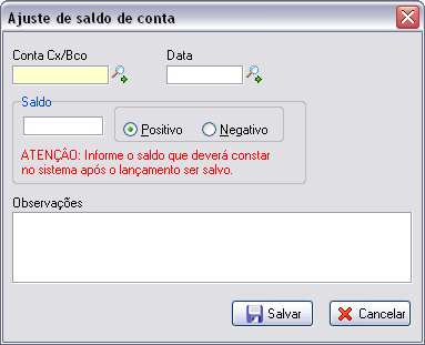 Tela para preenchimento dos campos de ajuste de saldo