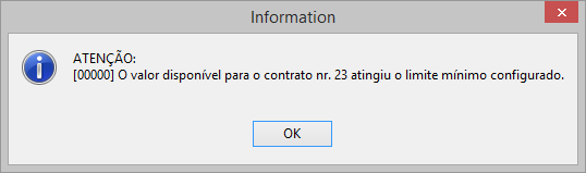 Mensagem de alerta gerada ao salvar a venda quando o valor mínimo do contrato é atingido