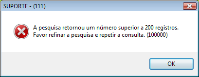 Alerta exibido após tentativa de pesquisa com retorno maior do que 200 files.