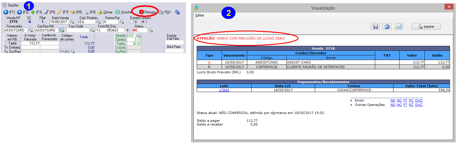 Botão Resumo da venda exibindo o alerta de prejuízo ou lucro zero na venda.