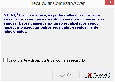 Mensagem de alerta de recálculo