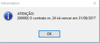 Mensagem de alerta gerada ao salvar a venda quando a data de vencimento do contrato está se aproximando