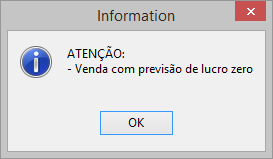 Alerta exibido ao salvar venda com prejuízo ou previsão de lucro igual a zero.