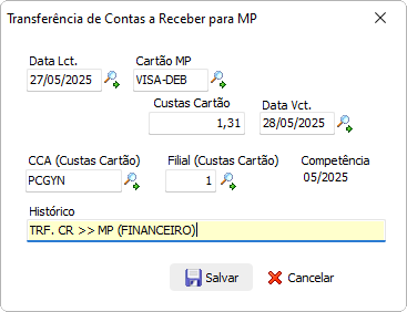 Alteração de transferência de contas a receber para máquina própria através do financeiro
