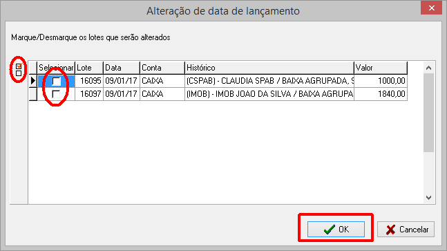 Alteração da data de lançamento de baixa agrupada