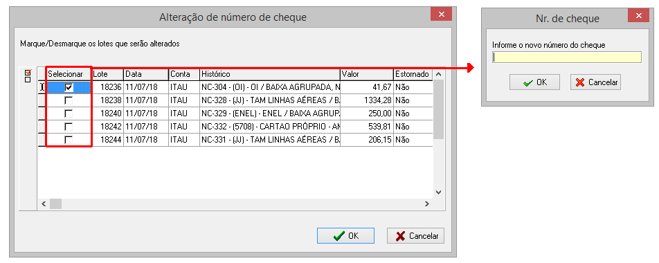 Alteração do número do cheque nos lotes das baixas agrupada sem transferência