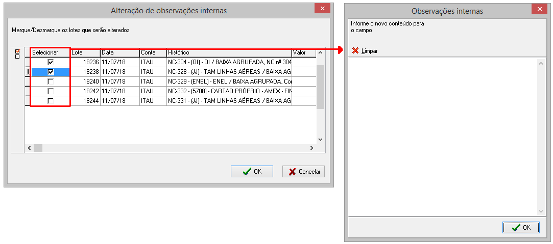 Alteração das observações internas das baixas agrupadas