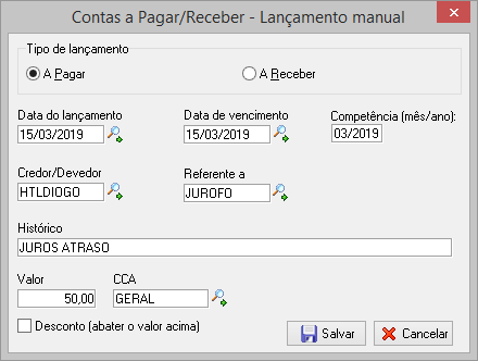 Tela para manutenção de lançamento manual de previsões a pagar/receber