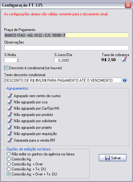 Módulo de alteração das configurações de faturas