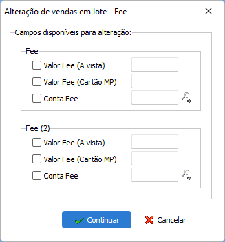 Alterar valor e contas dos campo Fee1 e Fee2 das vendas