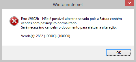 Mensagem exibida ao alterar o sacado de documentos que possuem vendas com passageiro normalizado