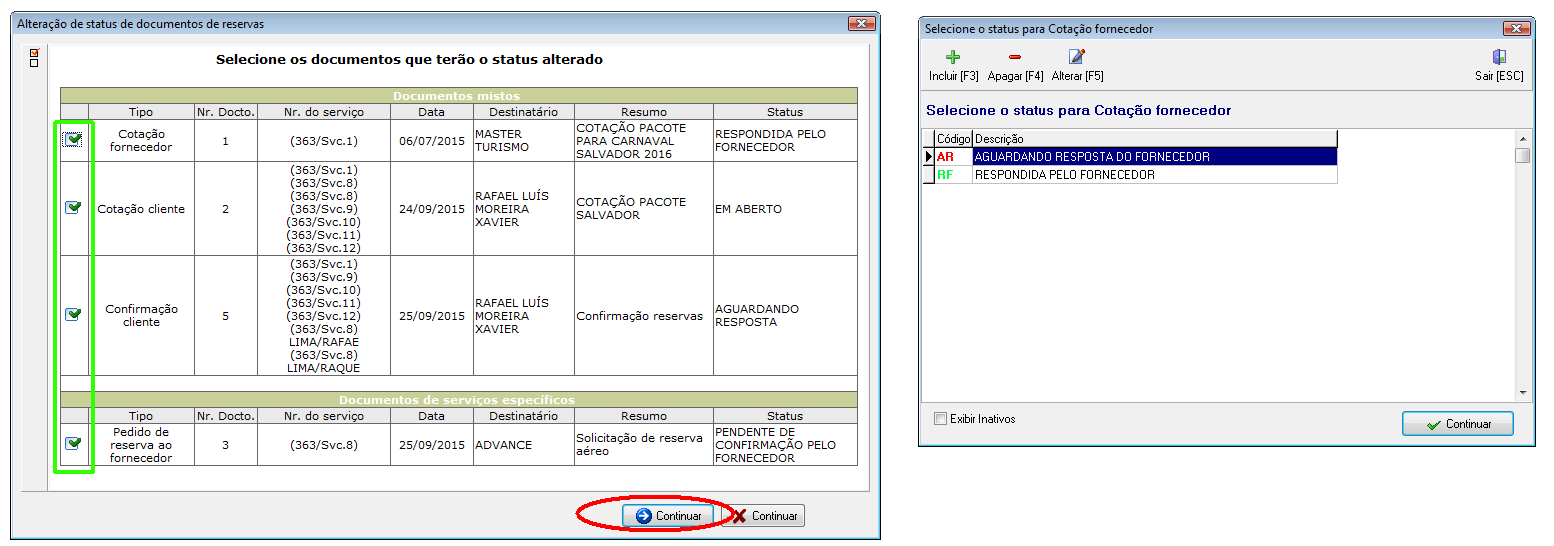 Alteração de status de vários documentos