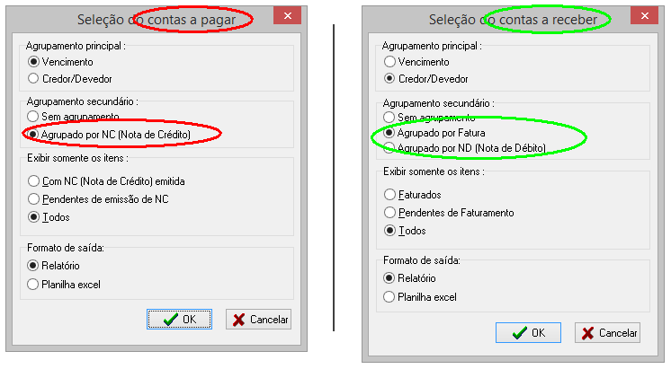 Tela destacando as opções de agrupamento secundário do contas a pagar/receber parapoder exibir