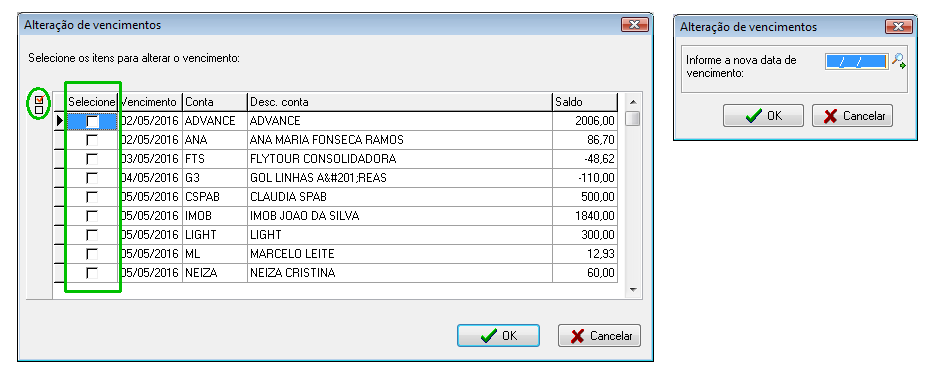 Tela para seleção dos itens para alteração da data de vencimento de vários itens do financeiro.