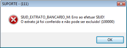Mensagem de erro exibida ao tentar apagar um extrato conferido