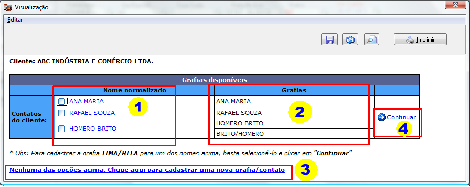 Tela com opções para associar a nova grafia com nome normalizado