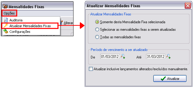 Tela para atualizar mensalidades fixas cadastradas