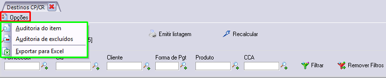 Acesso a auditoria e exportação das parametrizações configuradas para Excel.